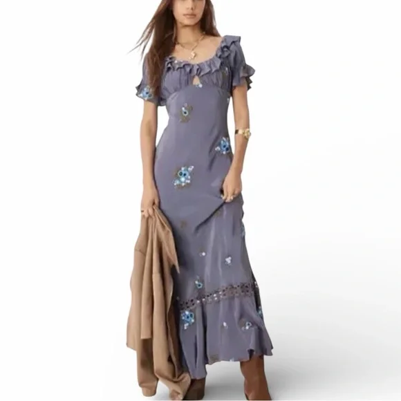 New Free People Bali Santa Cruz Ruffle Blue Floral Embroidered Maxi Dress M - Picture 1 of 16
